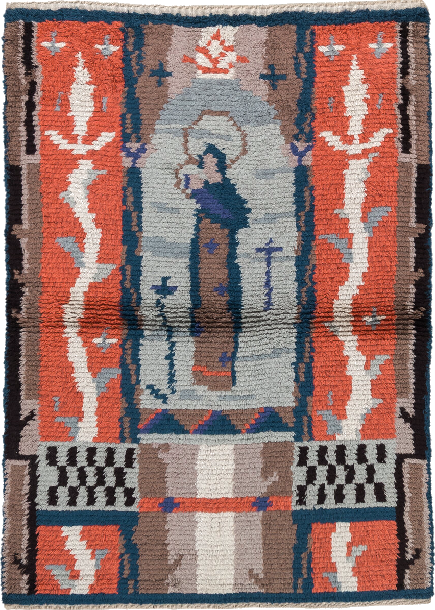 3' x 4' one-of-a-kind handmade vintage Scadinavian small size rug. Color palette: terra cotta, teal, ivory, brown, gray