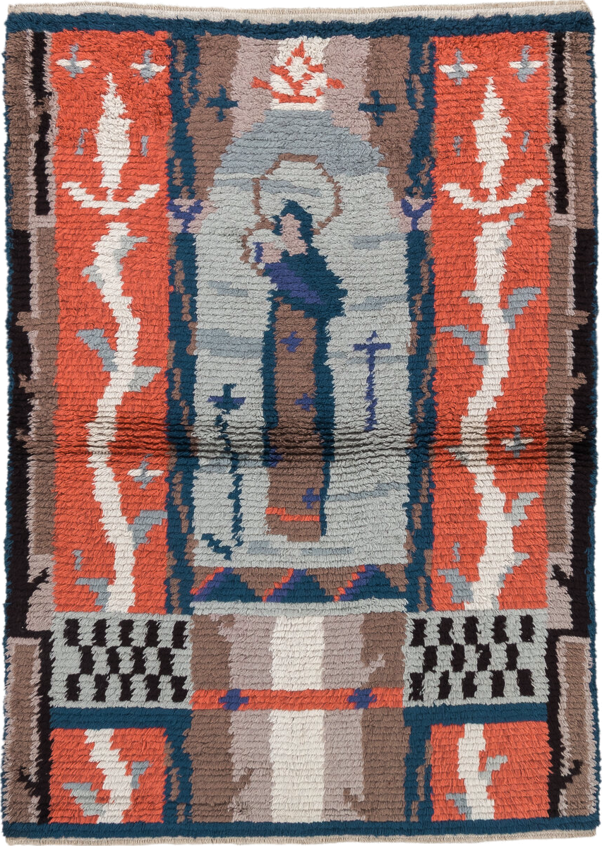 3' x 4' one-of-a-kind handmade antique Scadinavian small size rug. Color palette: coral, ivory, taupe, blue, slate, charcoal