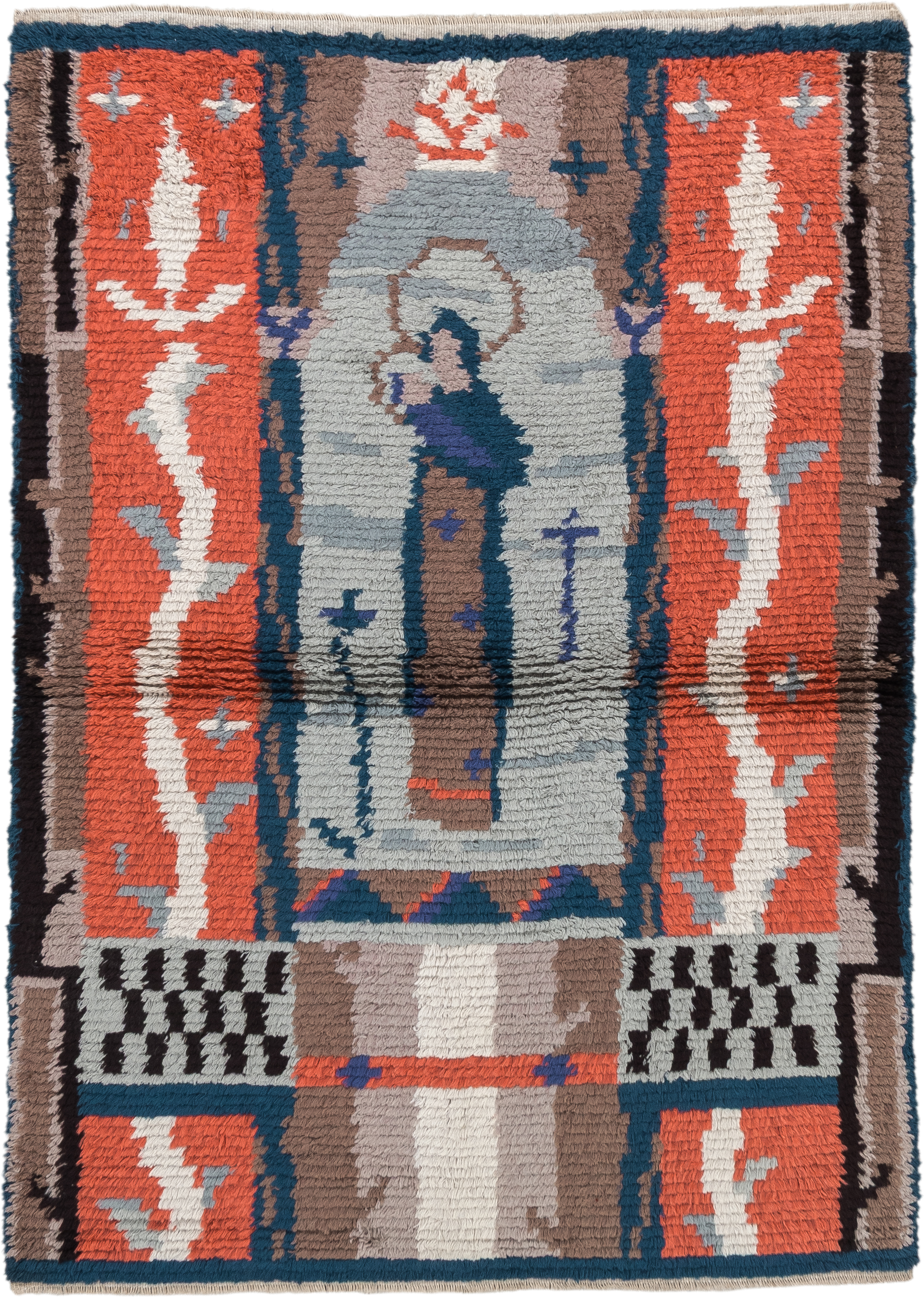 3' x 4' one-of-a-kind handmade antique Scadinavian small size rug. Color palette: coral, ivory, taupe, blue, slate, charcoal