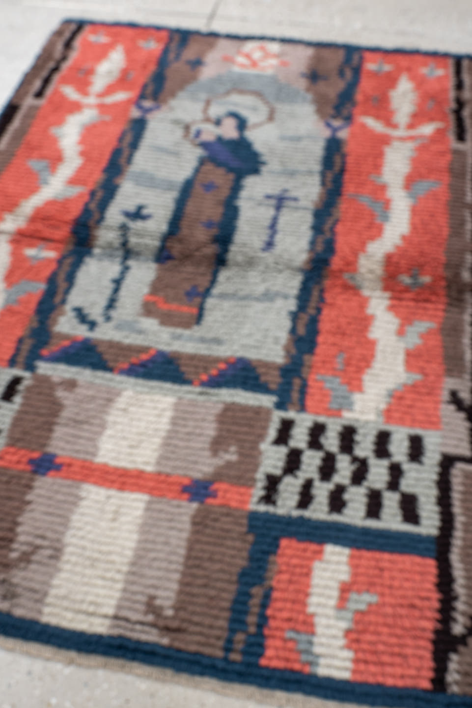 3' x 4' one-of-a-kind handmade antique Scadinavian small size rug. Color palette: coral, ivory, taupe, blue, slate, charcoal