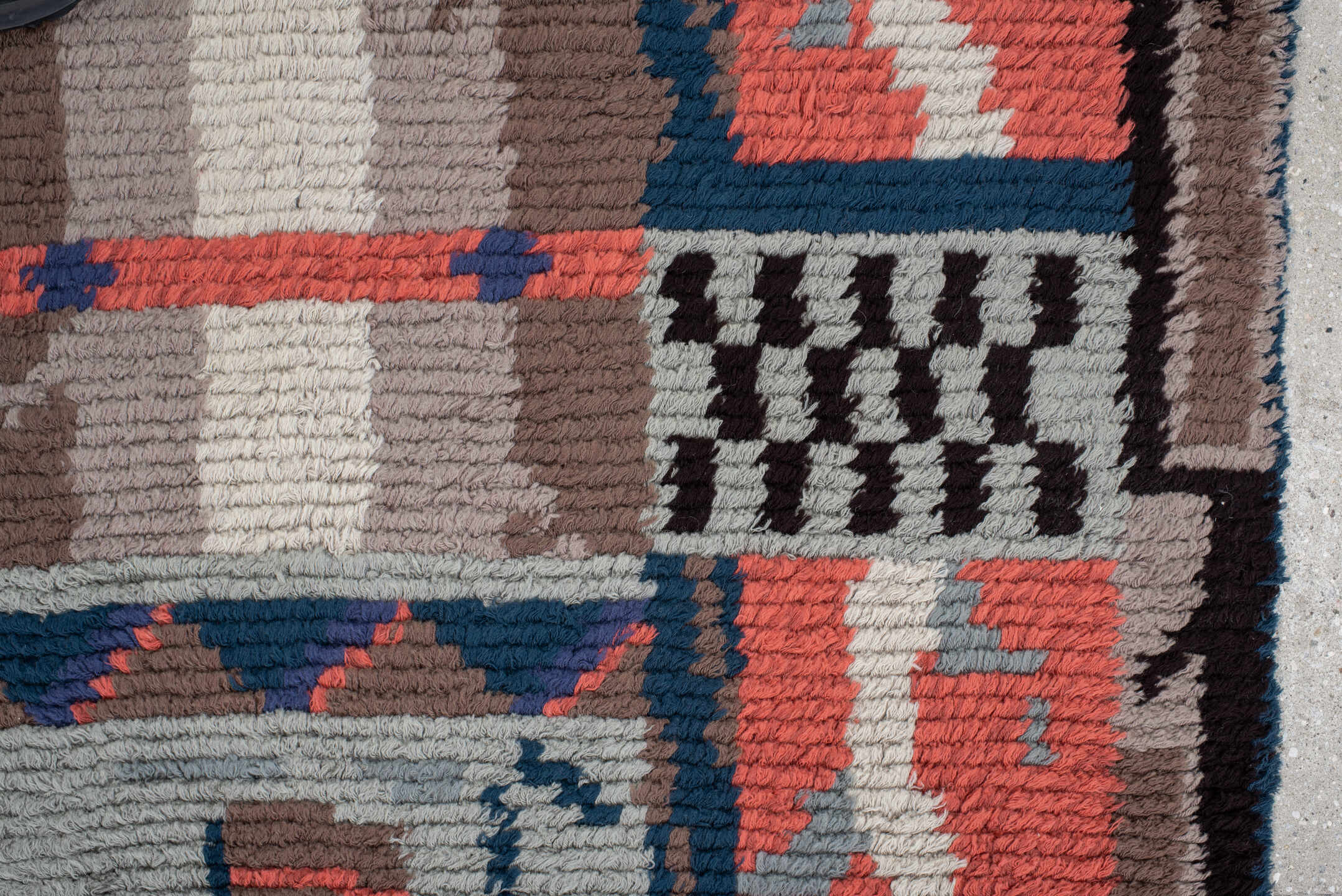 3' x 4' one-of-a-kind handmade antique Scadinavian small size rug. Color palette: coral, ivory, taupe, blue, slate, charcoal