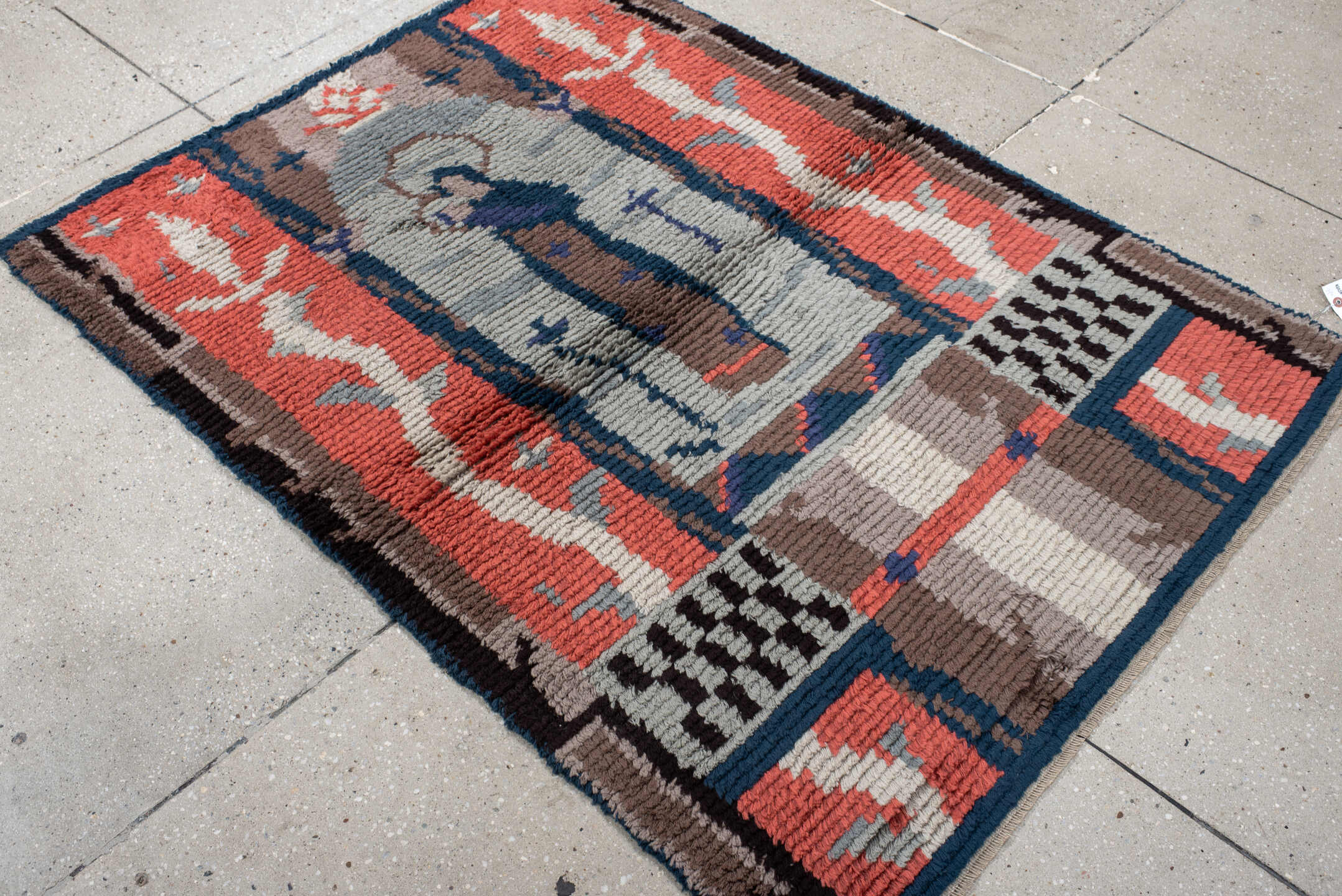 3' x 4' one-of-a-kind handmade antique Scadinavian small size rug. Color palette: coral, ivory, taupe, blue, slate, charcoal