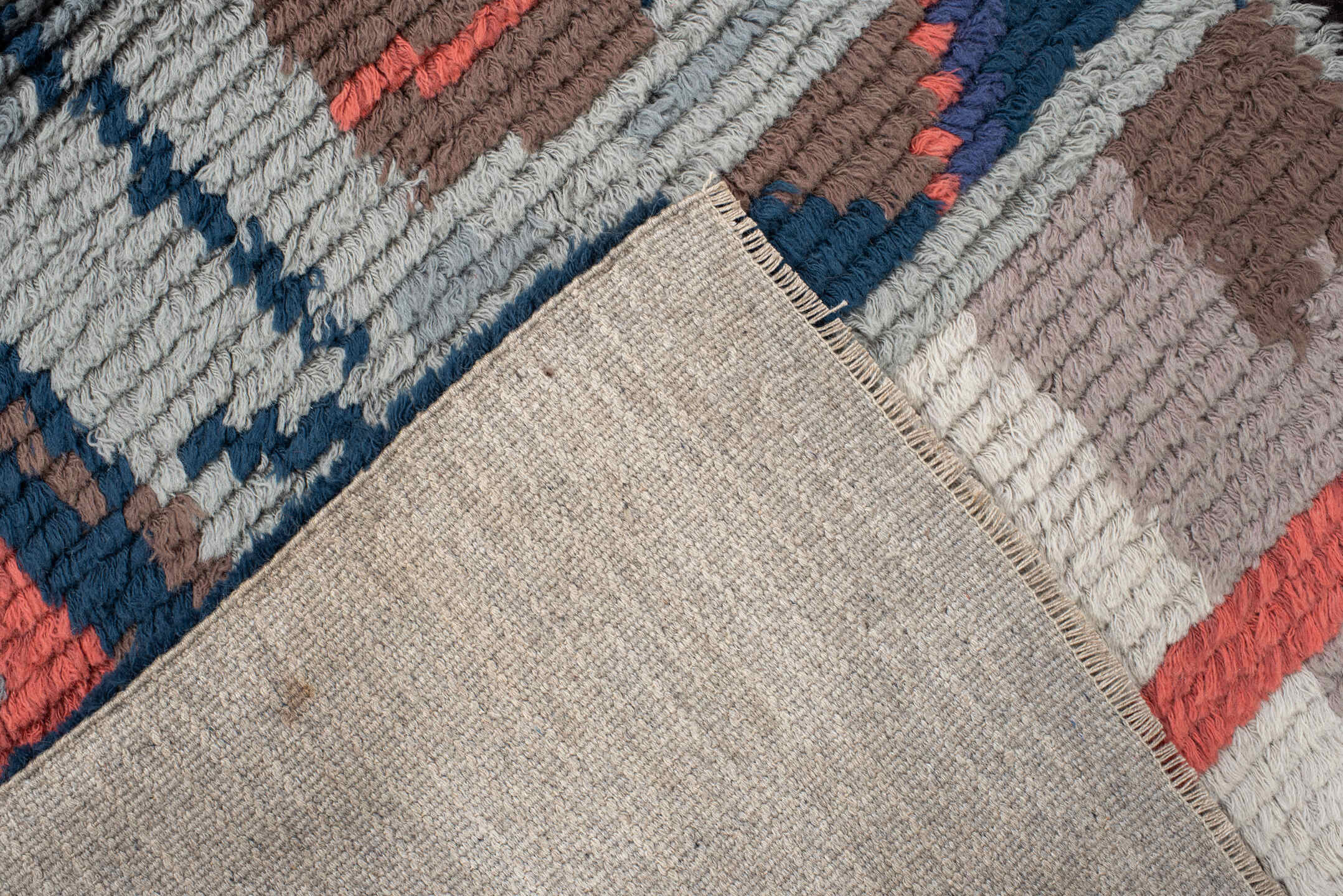 3' x 4' one-of-a-kind handmade antique Scadinavian small size rug. Color palette: coral, ivory, taupe, blue, slate, charcoal