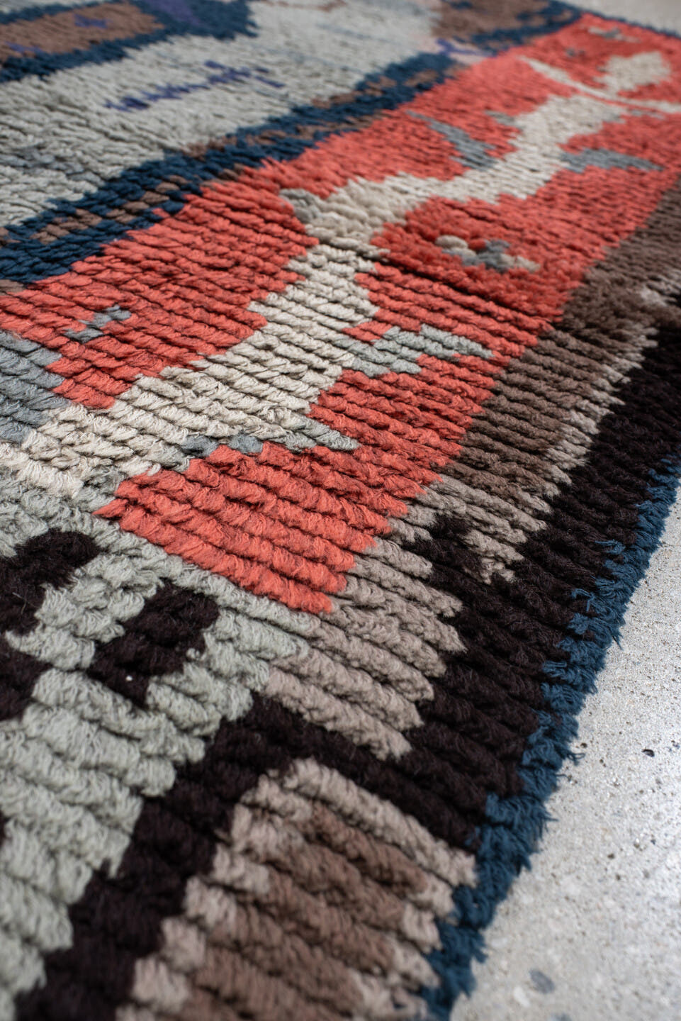 3' x 4' one-of-a-kind handmade antique Scadinavian small size rug. Color palette: coral, ivory, taupe, blue, slate, charcoal
