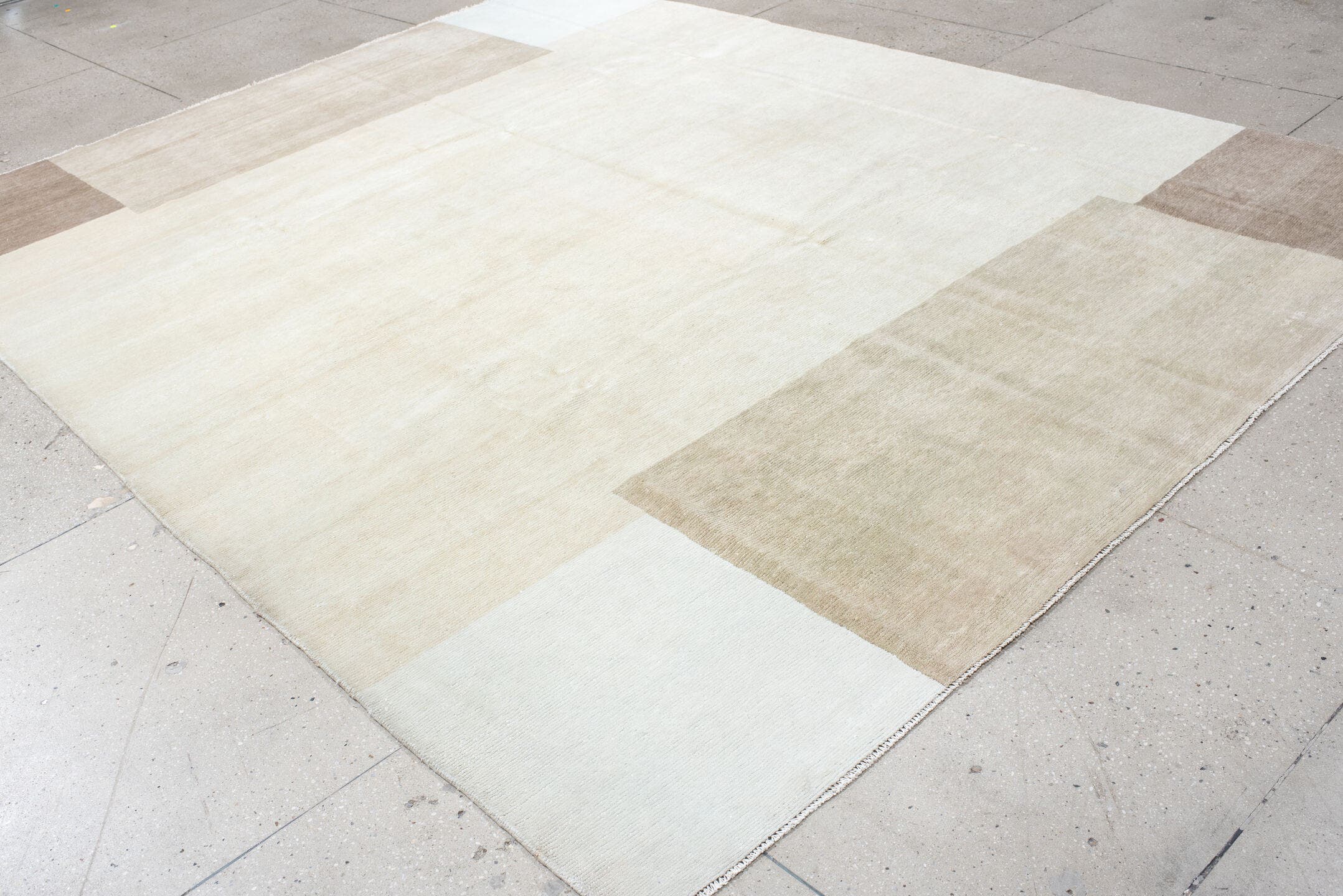 8' x 11' one-of-a-kind handmade vintage Tibetan large size rug. Color palette: ivory, cream, beige, taupe, light gray, gray