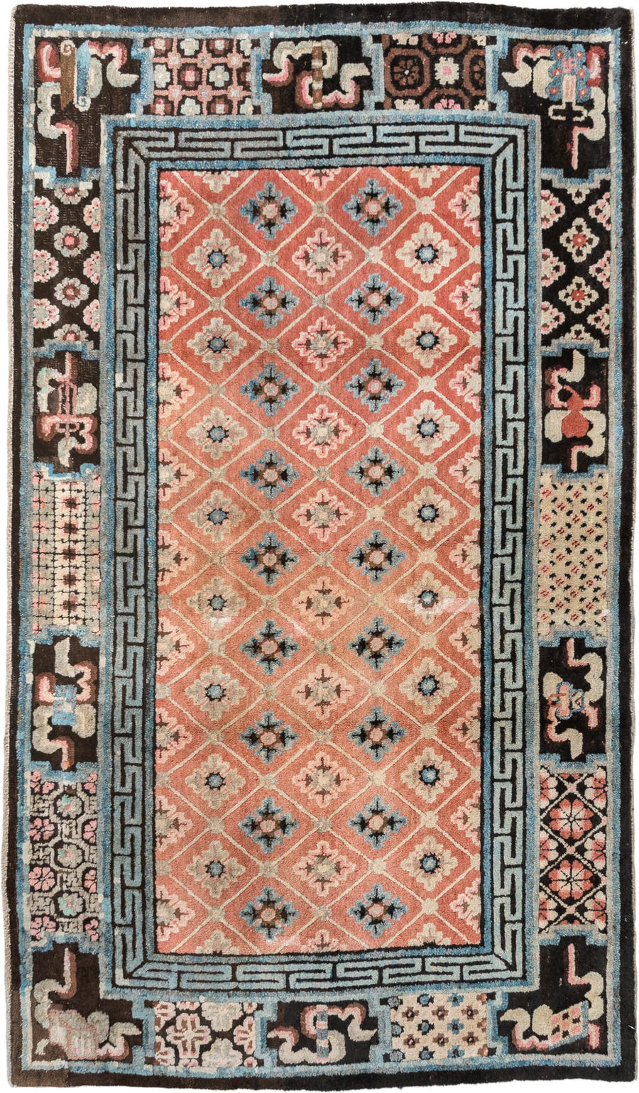 4' x 7' one-of-a-kind handmade vintage Tibetan rug. Color palette: salmon, charcoal, sky blue, ivory, rose, taupe, brown