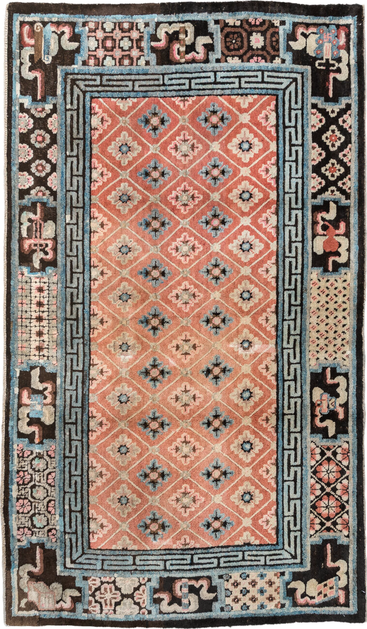 4' x 7' one-of-a-kind handmade vintage Tibetan rug. Color palette: salmon, charcoal, sky blue, ivory, rose, taupe, brown