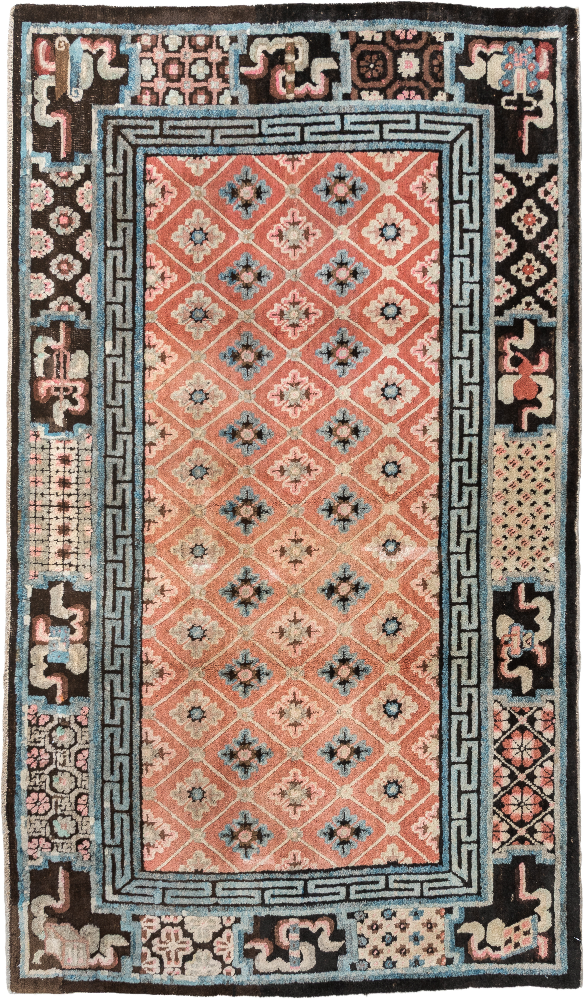 4' x 7' one-of-a-kind handmade vintage Tibetan rug. Color palette: salmon, charcoal, sky blue, ivory, rose, taupe, brown
