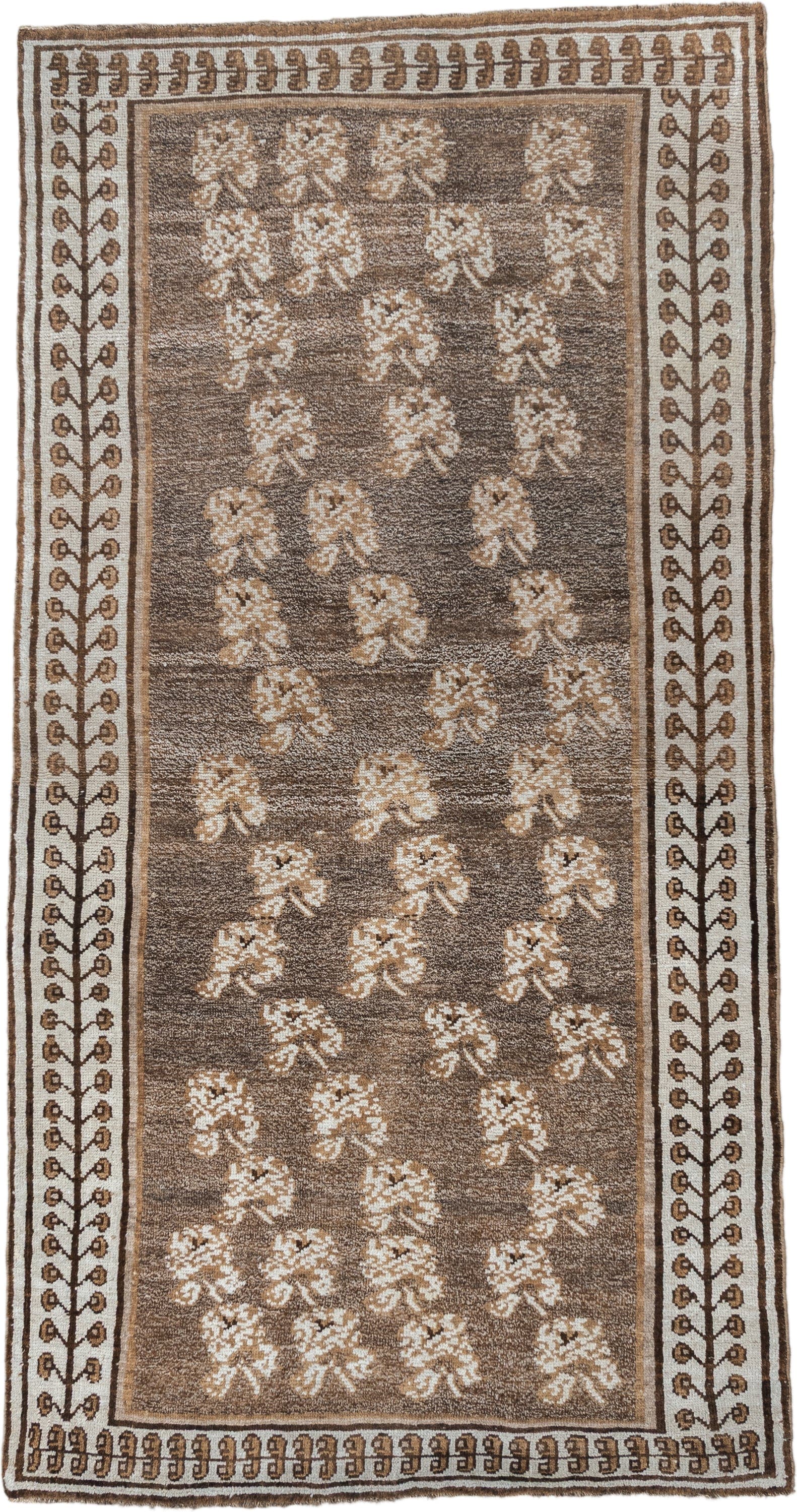 4' x 7' one-of-a-kind handmade vintage Gabbe rug. Color palette: brown, ivory, taupe, camel, beige, gray