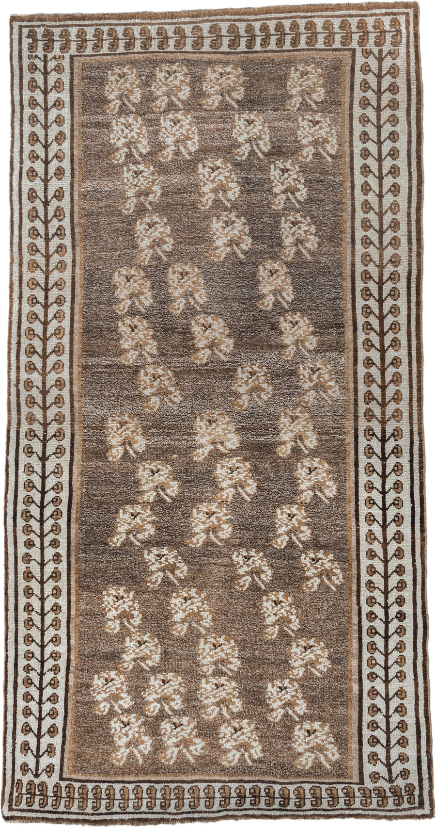 4' x 7' one-of-a-kind handmade vintage Gabbe rug. Color palette: brown, ivory, taupe, camel, beige, gray