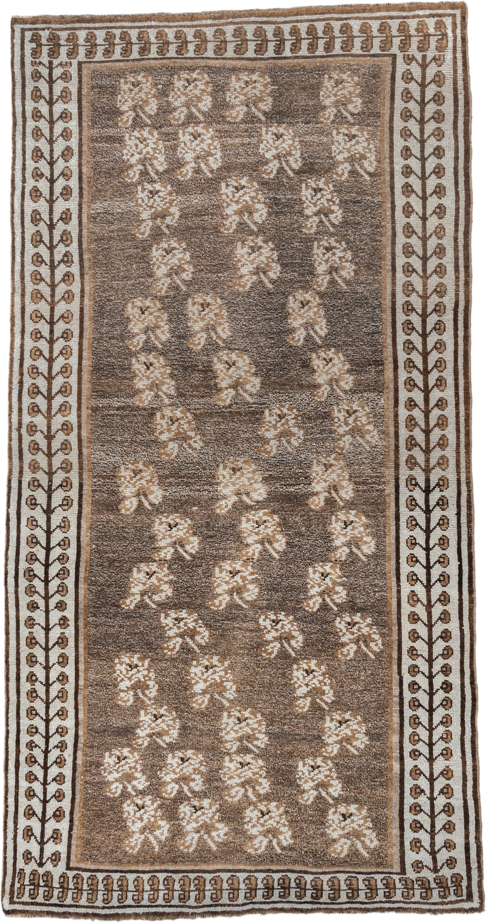 4' x 7' one-of-a-kind handmade vintage Gabbe rug. Color palette: brown, ivory, taupe, camel, beige, gray