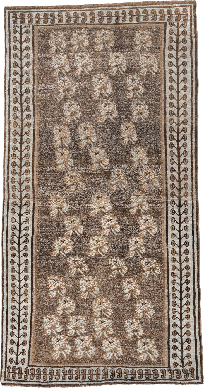 4' x 7' one-of-a-kind handmade vintage Gabbe rug. Color palette: brown, ivory, taupe, camel, beige, gray