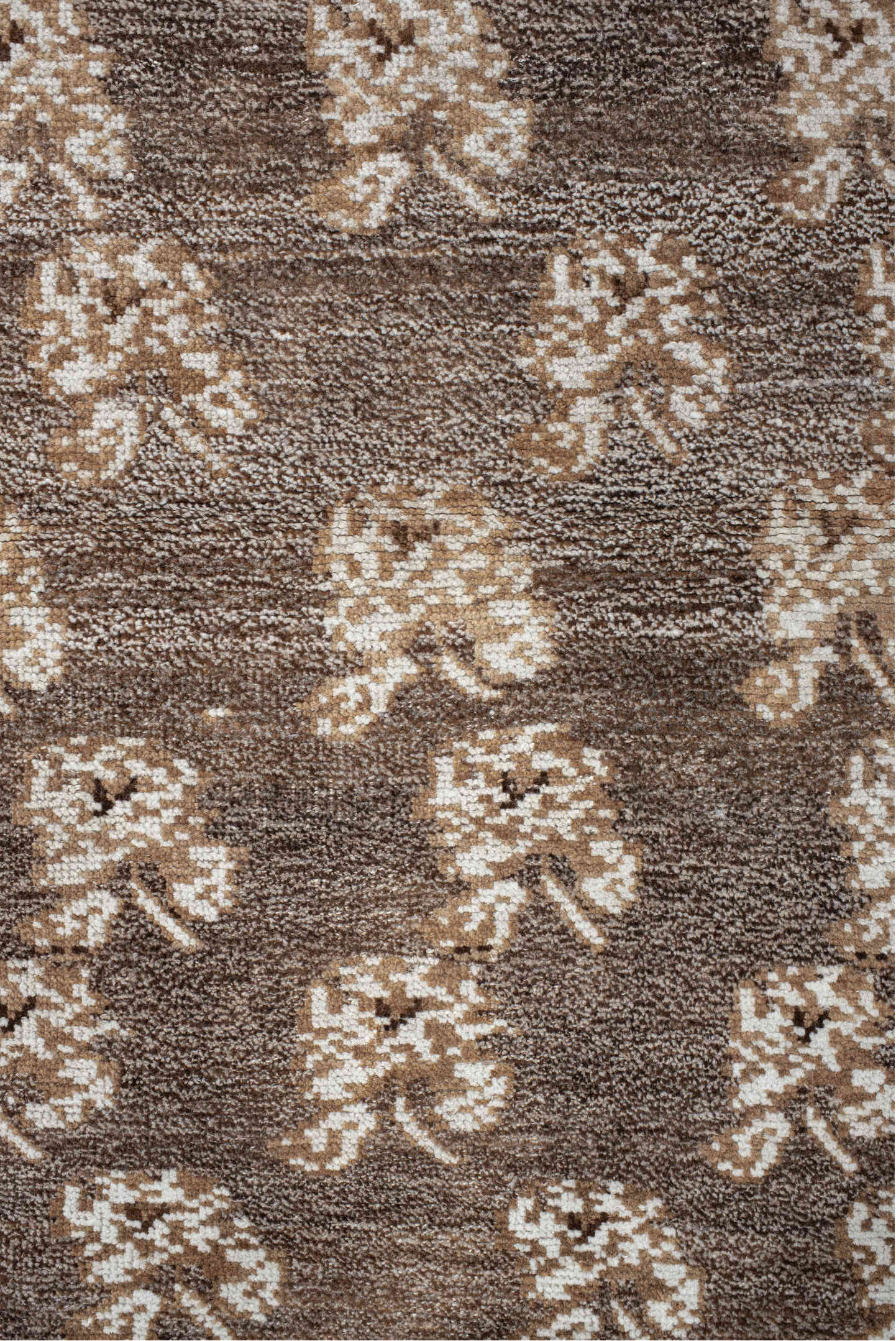4' x 7' one-of-a-kind handmade vintage Gabbe rug. Color palette: brown, ivory, taupe, camel, beige, gray