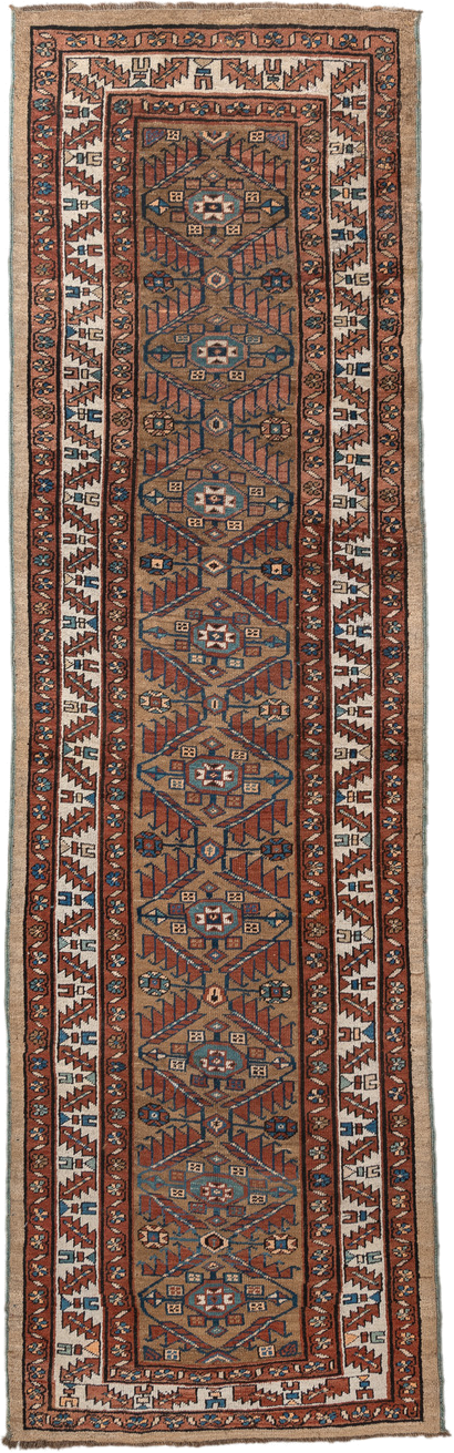 3' x 10' one-of-a-kind handmade vintage NW Persian runner rug. Color palette: camel, rust, ivory, indigo, terra cotta, brown