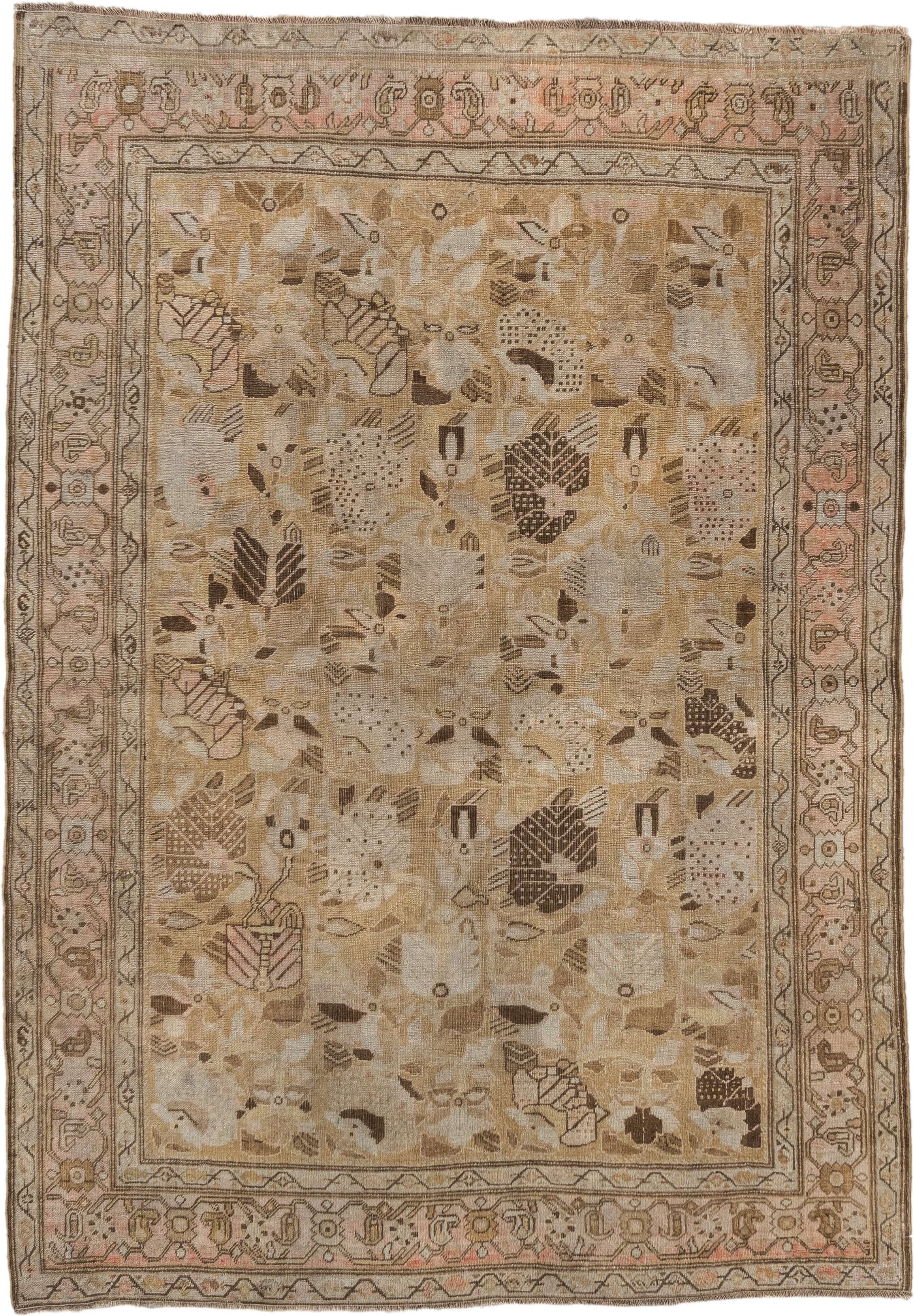 3' x 5' one-of-a-kind handmade vintage Karabagh small size rug. Color palette: camel, beige, taupe, brown, ivory, blush