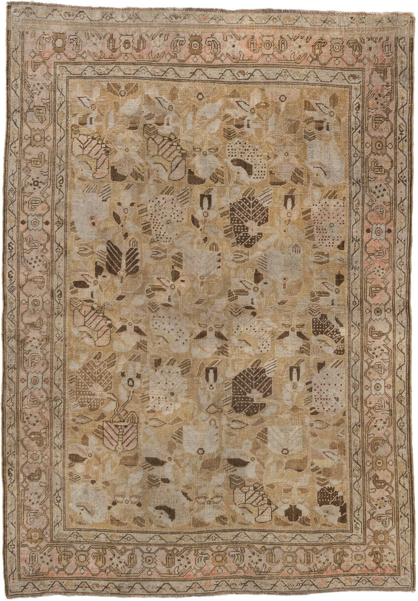 3' x 5' one-of-a-kind handmade vintage Karabagh small size rug. Color palette: camel, beige, taupe, brown, ivory, blush