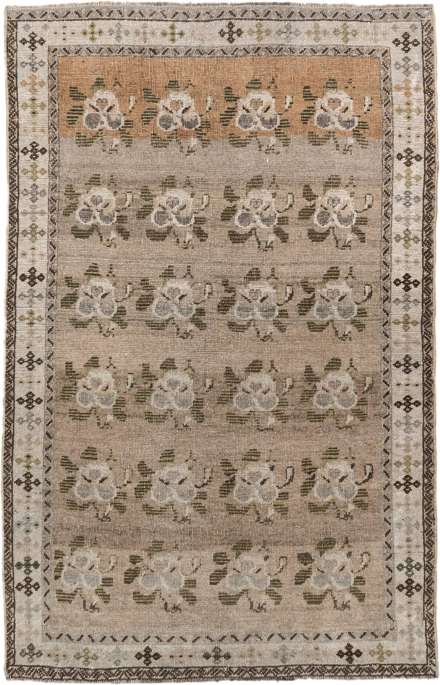 3' x 4' one-of-a-kind handmade vintage Gabbe small size rug. Color palette: taupe, ivory, brown, olive, gray, camel, beige