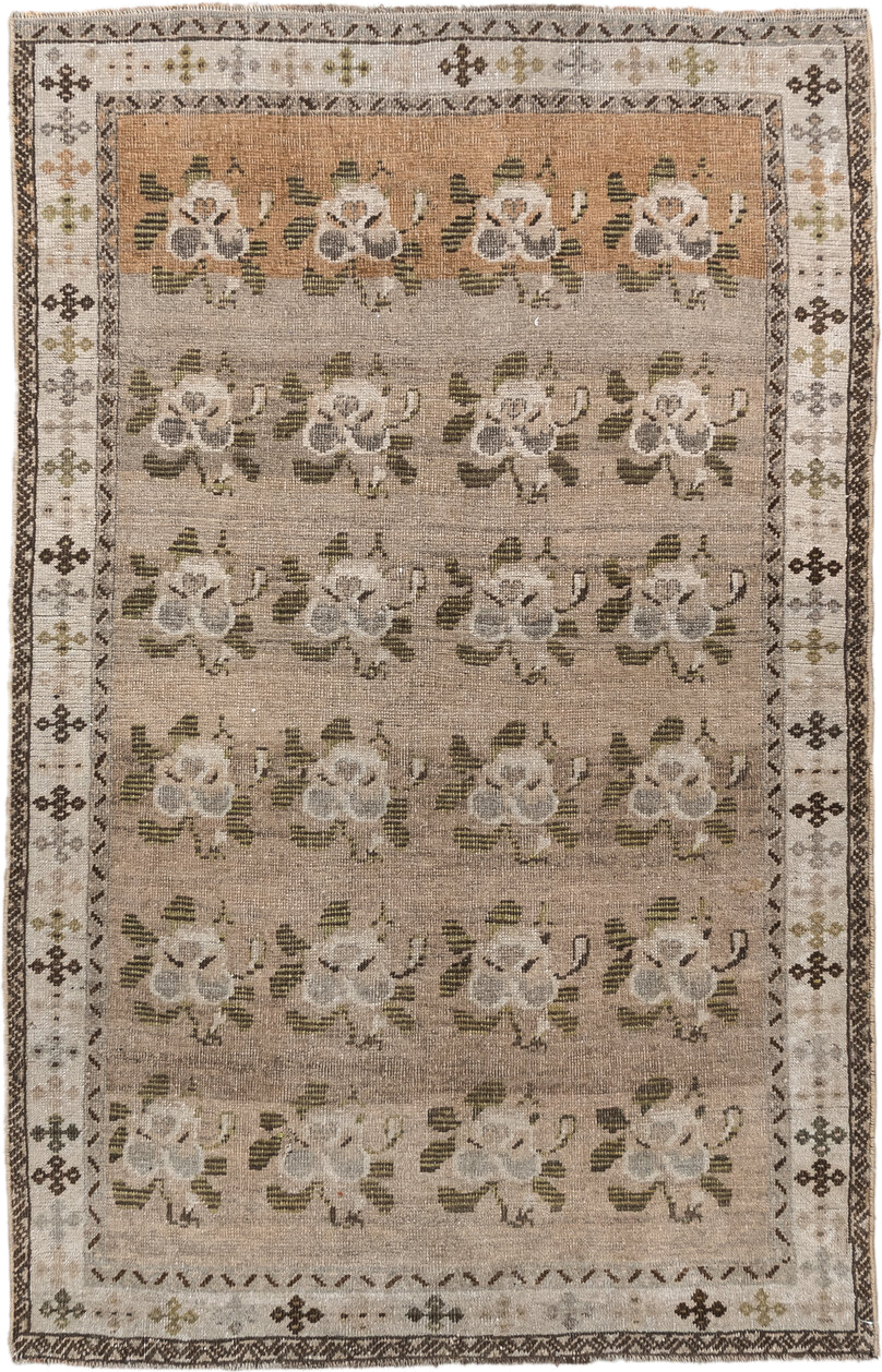 3' x 4' one-of-a-kind handmade vintage Gabbe small size rug. Color palette: taupe, ivory, brown, olive, gray, camel, beige
