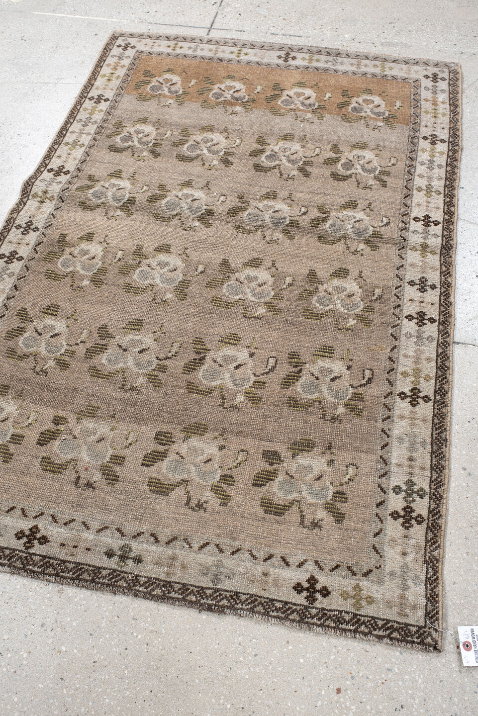 3' x 4' one-of-a-kind handmade vintage Gabbe small size rug. Color palette: taupe, ivory, brown, olive, gray, camel, beige