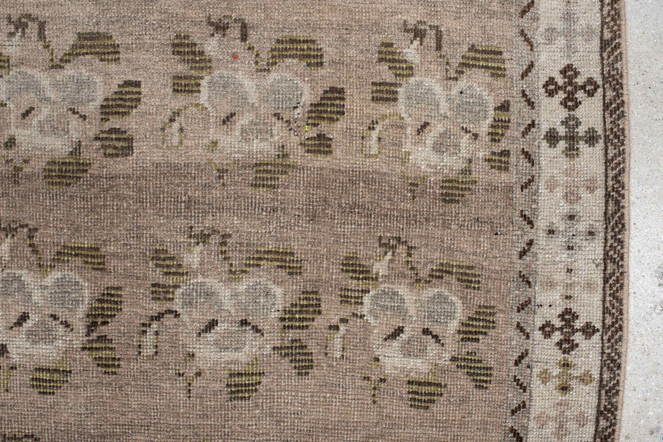3' x 4' one-of-a-kind handmade vintage Gabbe small size rug. Color palette: taupe, ivory, brown, olive, gray, camel, beige