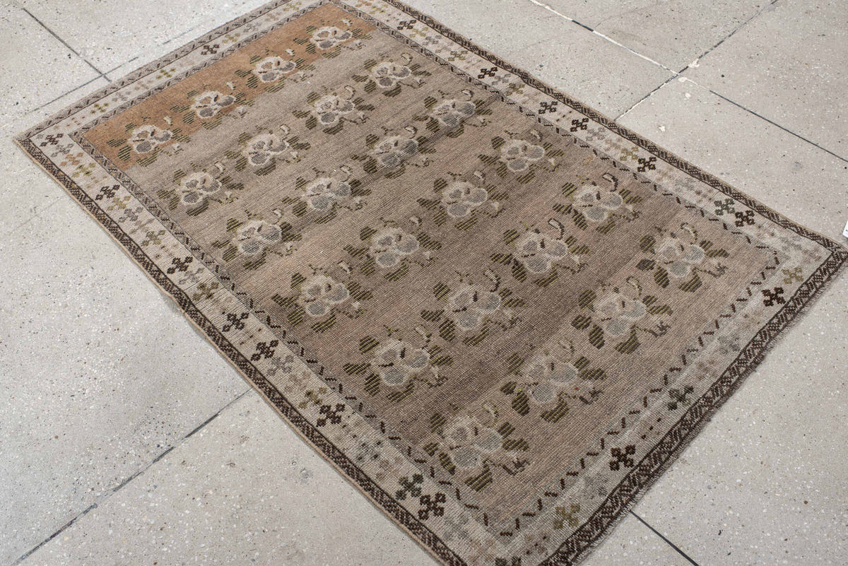 3' x 4' one-of-a-kind handmade vintage Gabbe small size rug. Color palette: taupe, ivory, brown, olive, gray, camel, beige