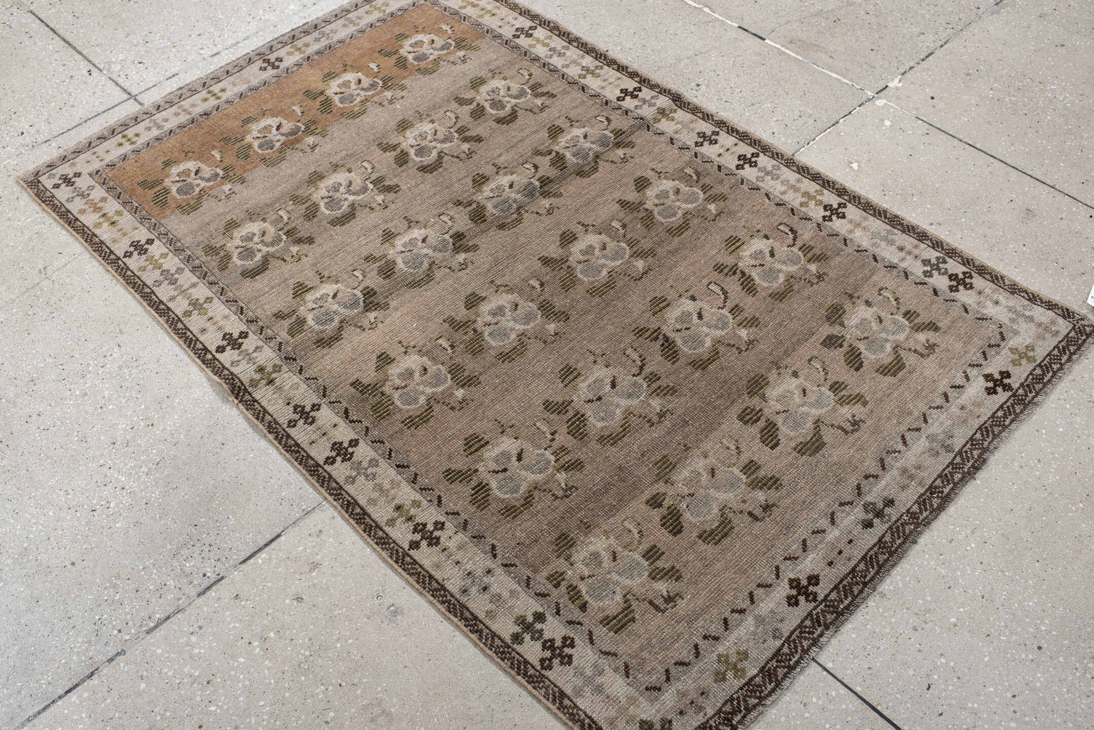 3' x 4' one-of-a-kind handmade vintage Gabbe small size rug. Color palette: taupe, ivory, brown, olive, gray, camel, beige