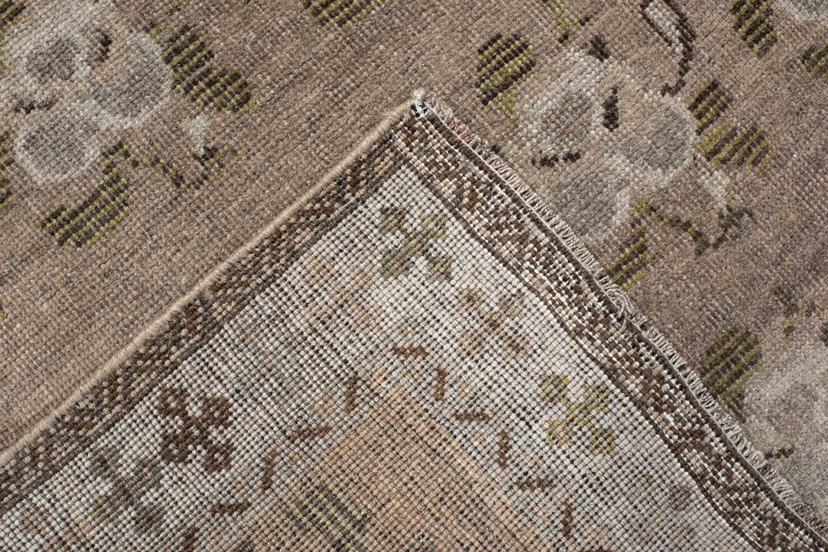 3' x 4' one-of-a-kind handmade vintage Gabbe small size rug. Color palette: taupe, ivory, brown, olive, gray, camel, beige
