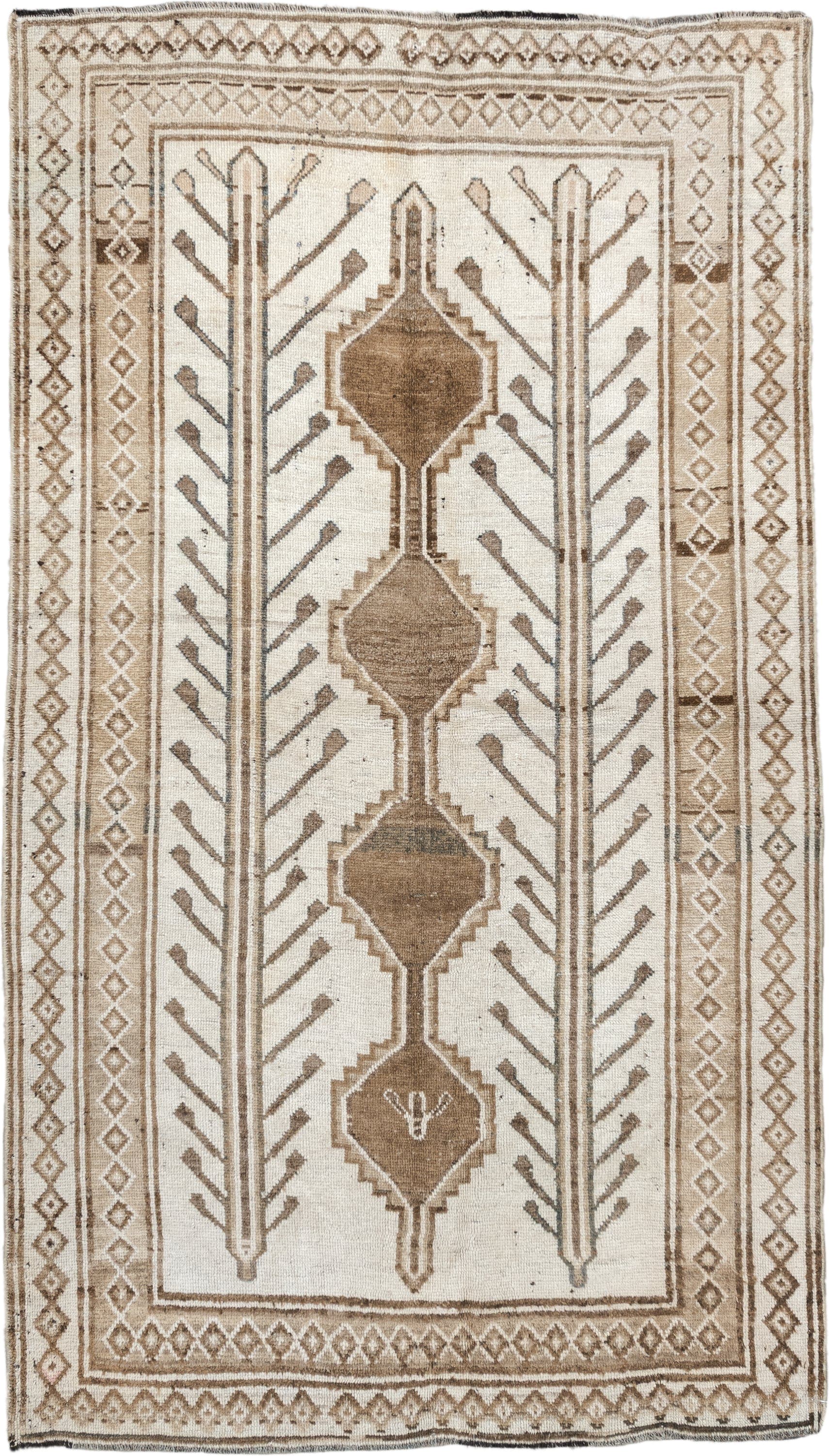 4' x 7' one-of-a-kind handmade vintage Gabbe rug. Color palette: ivory, camel, taupe, brown, beige, gray