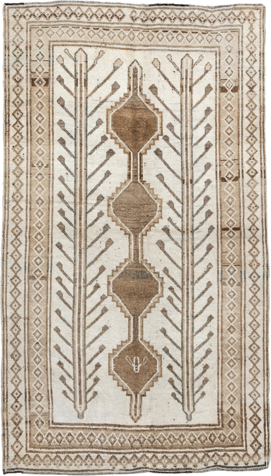 4' x 7' one-of-a-kind handmade vintage Gabbe rug. Color palette: ivory, camel, taupe, brown, beige, gray