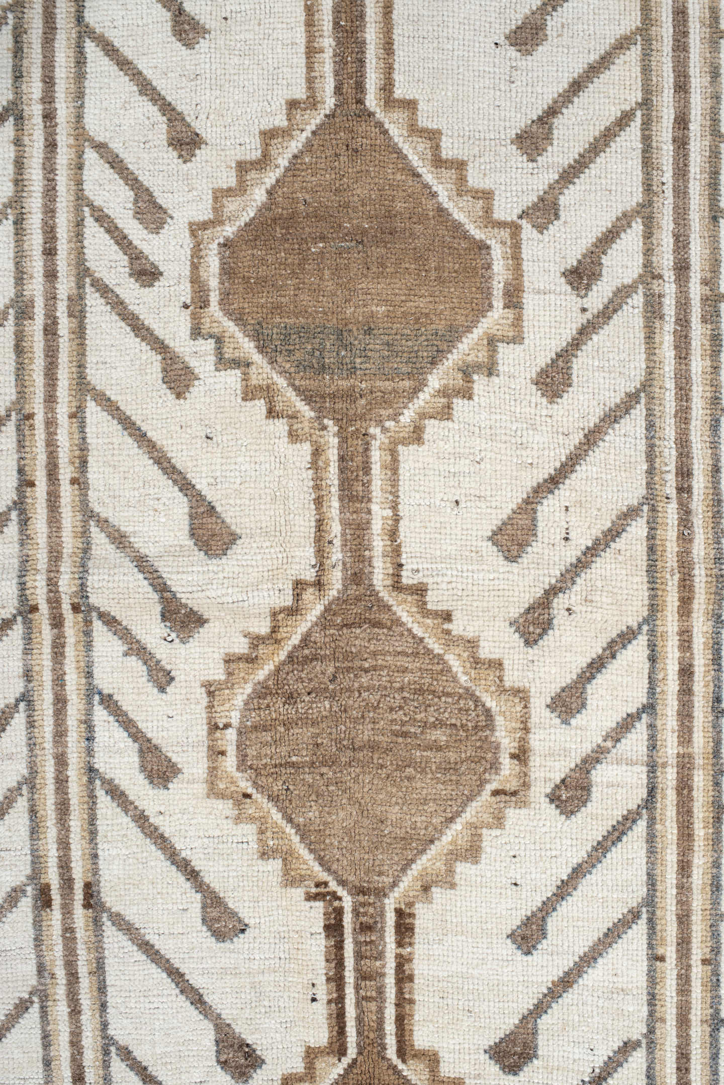 4' x 7' one-of-a-kind handmade vintage Gabbe rug. Color palette: ivory, camel, taupe, brown, beige, gray