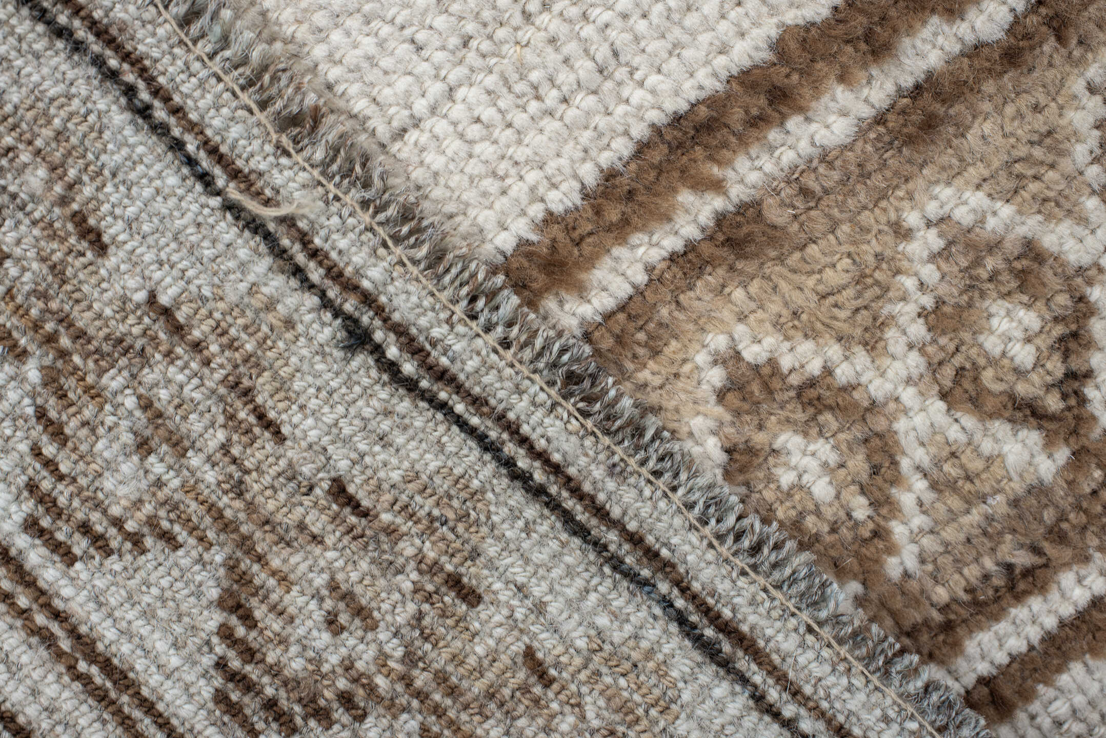 4' x 7' one-of-a-kind handmade vintage Gabbe rug. Color palette: ivory, camel, taupe, brown, beige, gray