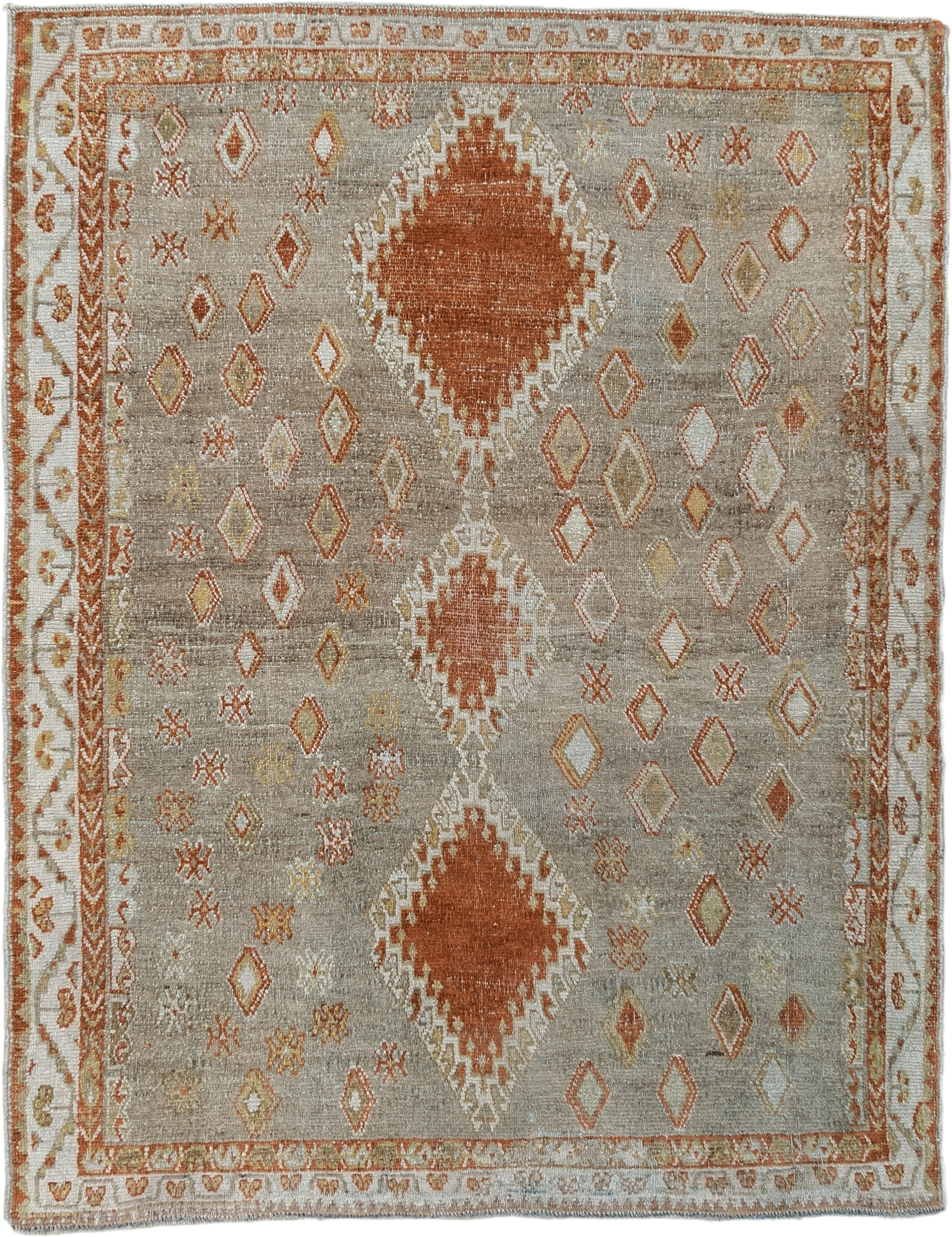 3' x 4' one-of-a-kind handmade vintage Gabbe small size rug. Color palette: taupe, rust, ivory, camel, gold, sage, beige