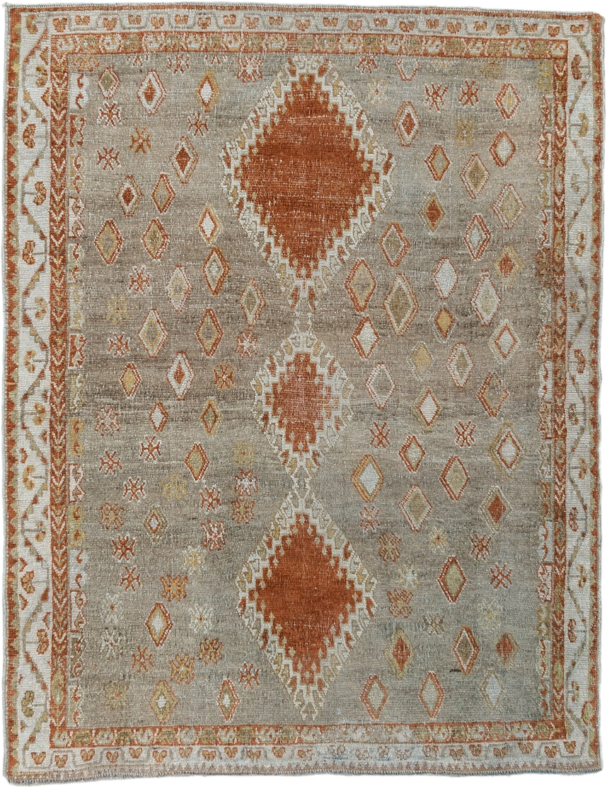 3' x 4' one-of-a-kind handmade vintage Gabbe small size rug. Color palette: taupe, rust, ivory, camel, gold, sage, beige