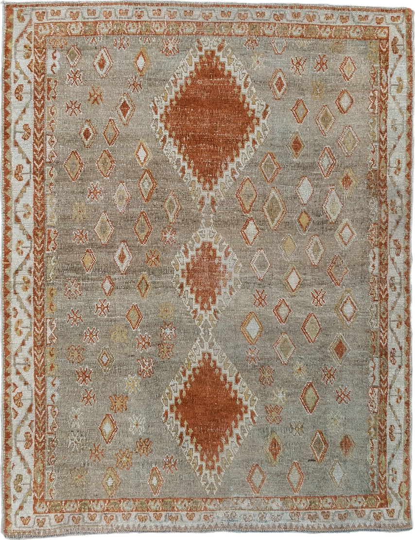 3' x 4' one-of-a-kind handmade vintage Gabbe small size rug. Color palette: antiquewhite, brown, gray, light gray, off-white