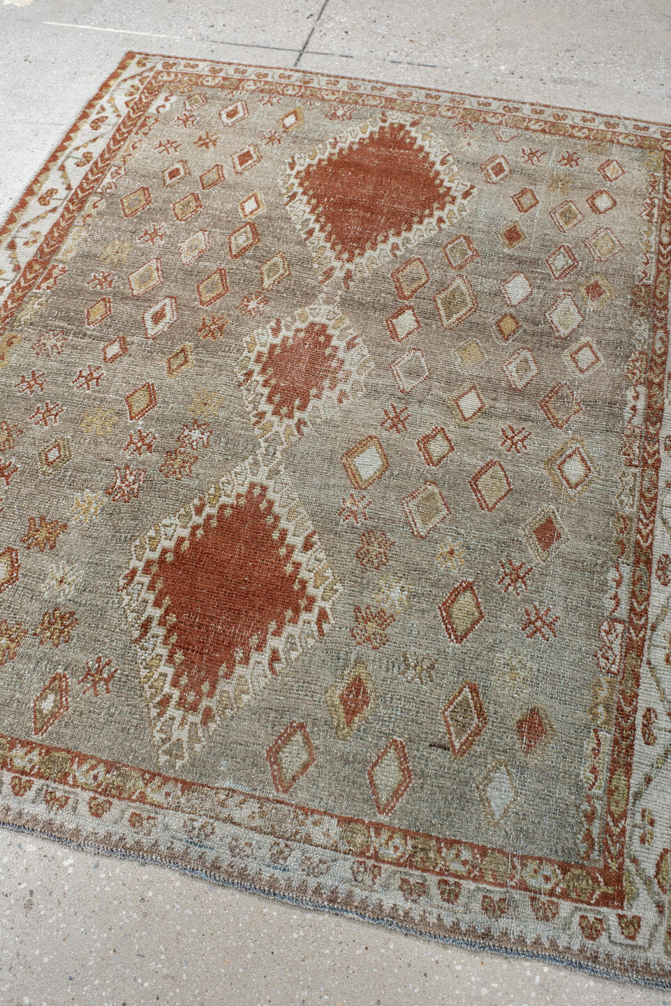 3' x 4' one-of-a-kind handmade vintage Gabbe small size rug. Color palette: taupe, rust, ivory, camel, gold, sage, beige