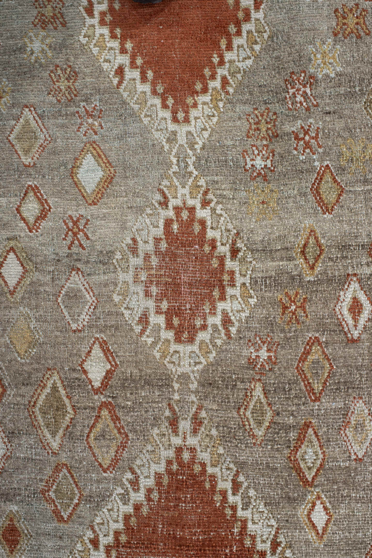 3' x 4' one-of-a-kind handmade vintage Gabbe small size rug. Color palette: taupe, rust, ivory, camel, gold, sage, beige