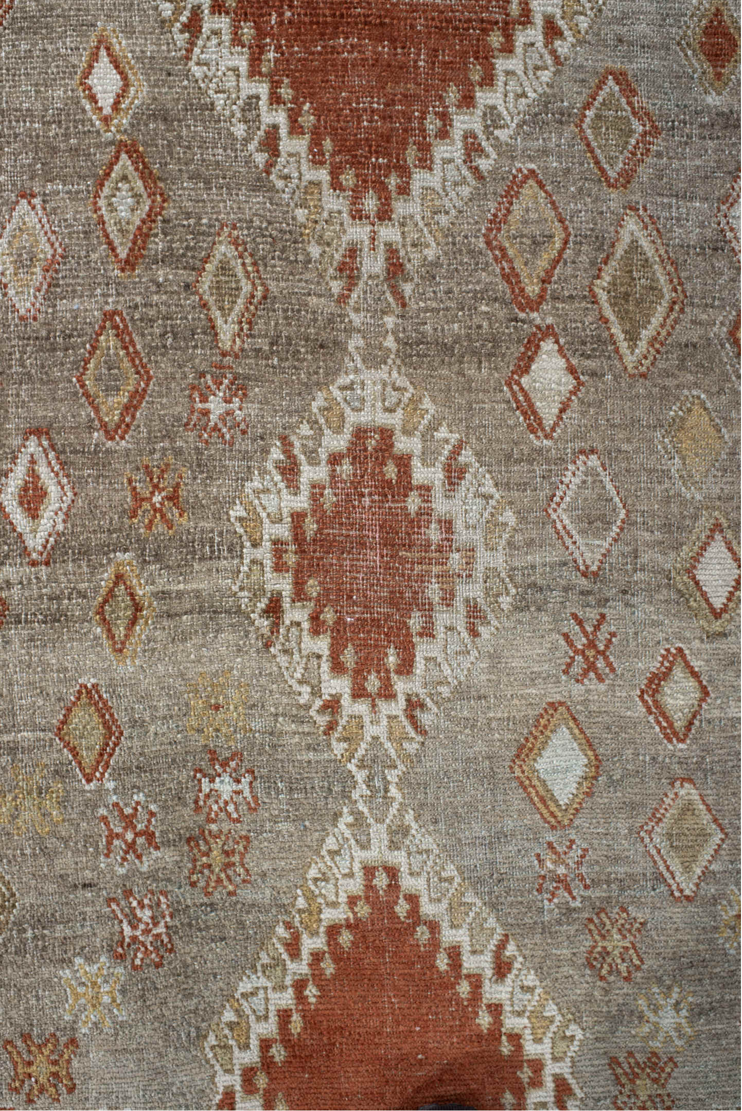 3' x 4' one-of-a-kind handmade vintage Gabbe small size rug. Color palette: antiquewhite, brown, gray, light gray, off-white