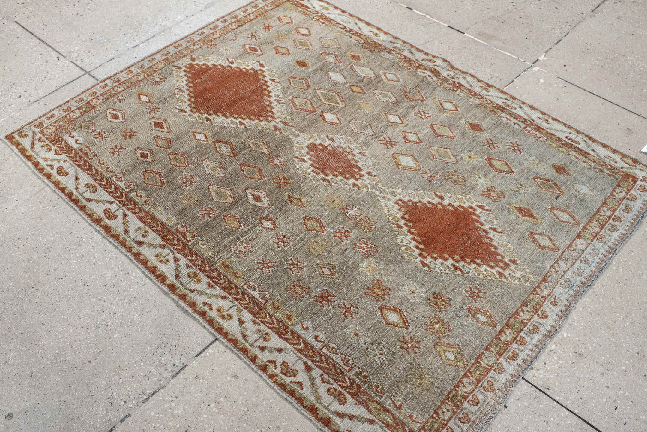 3' x 4' one-of-a-kind handmade vintage Gabbe small size rug. Color palette: taupe, rust, ivory, camel, gold, sage, beige