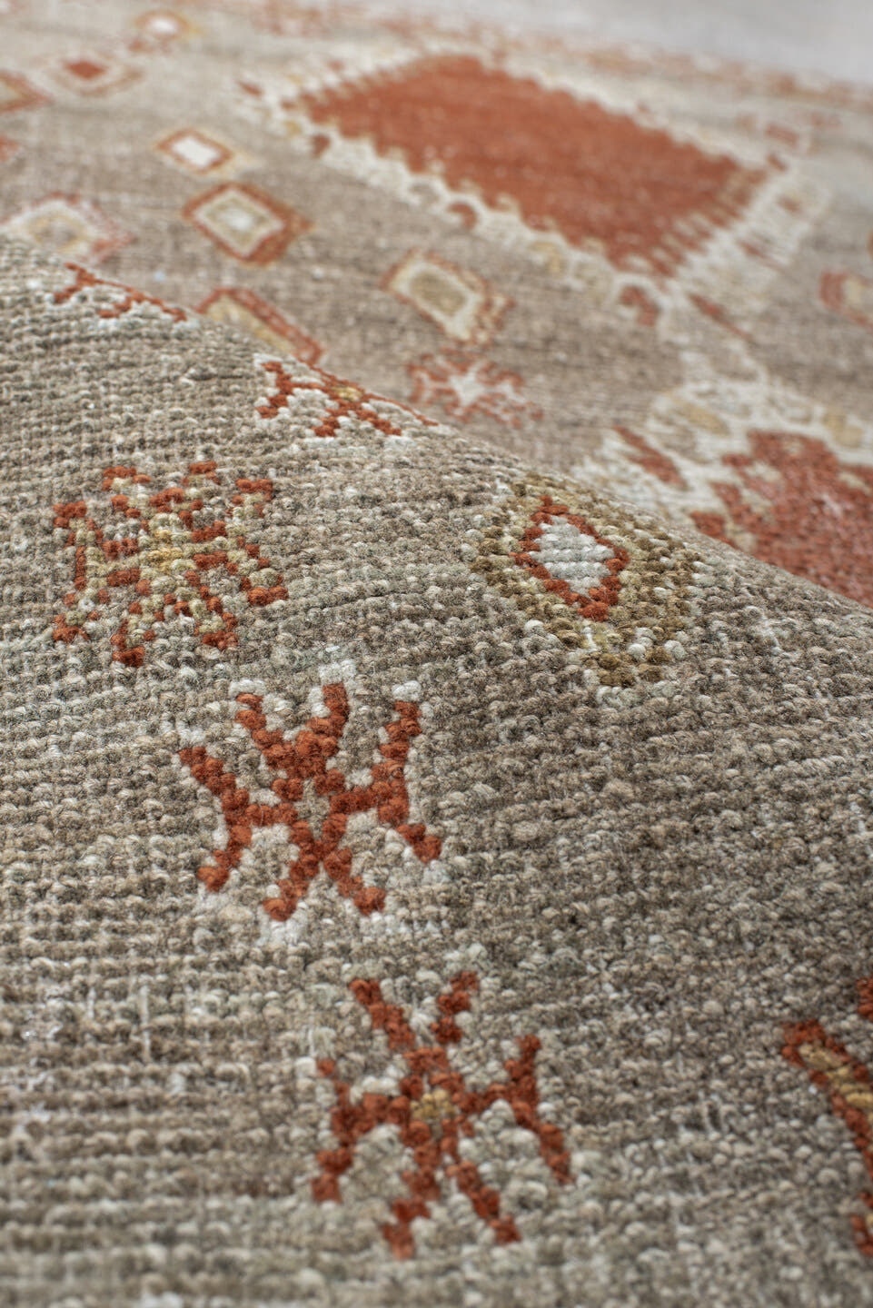 3' x 4' one-of-a-kind handmade vintage Gabbe small size rug. Color palette: taupe, rust, ivory, camel, gold, sage, beige
