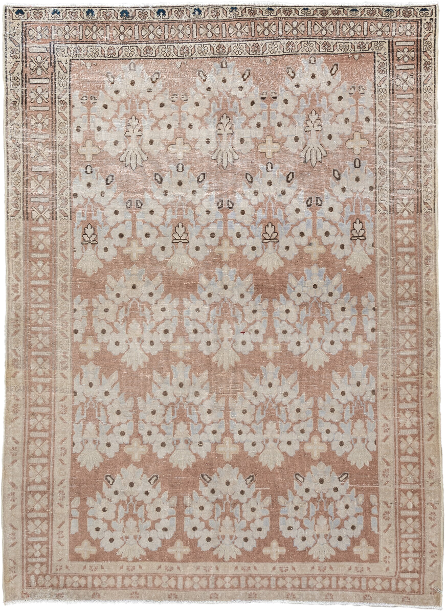 3' x 5' one-of-a-kind handmade vintage Afshar small size rug. Color palette: blush, ivory, taupe, camel, brown, pink, beige