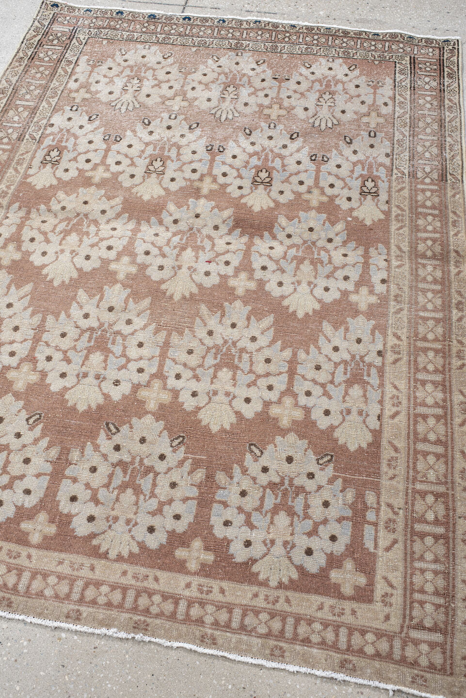 3' x 5' one-of-a-kind handmade vintage Afshar small size rug. Color palette: blush, ivory, taupe, camel, brown, pink, beige