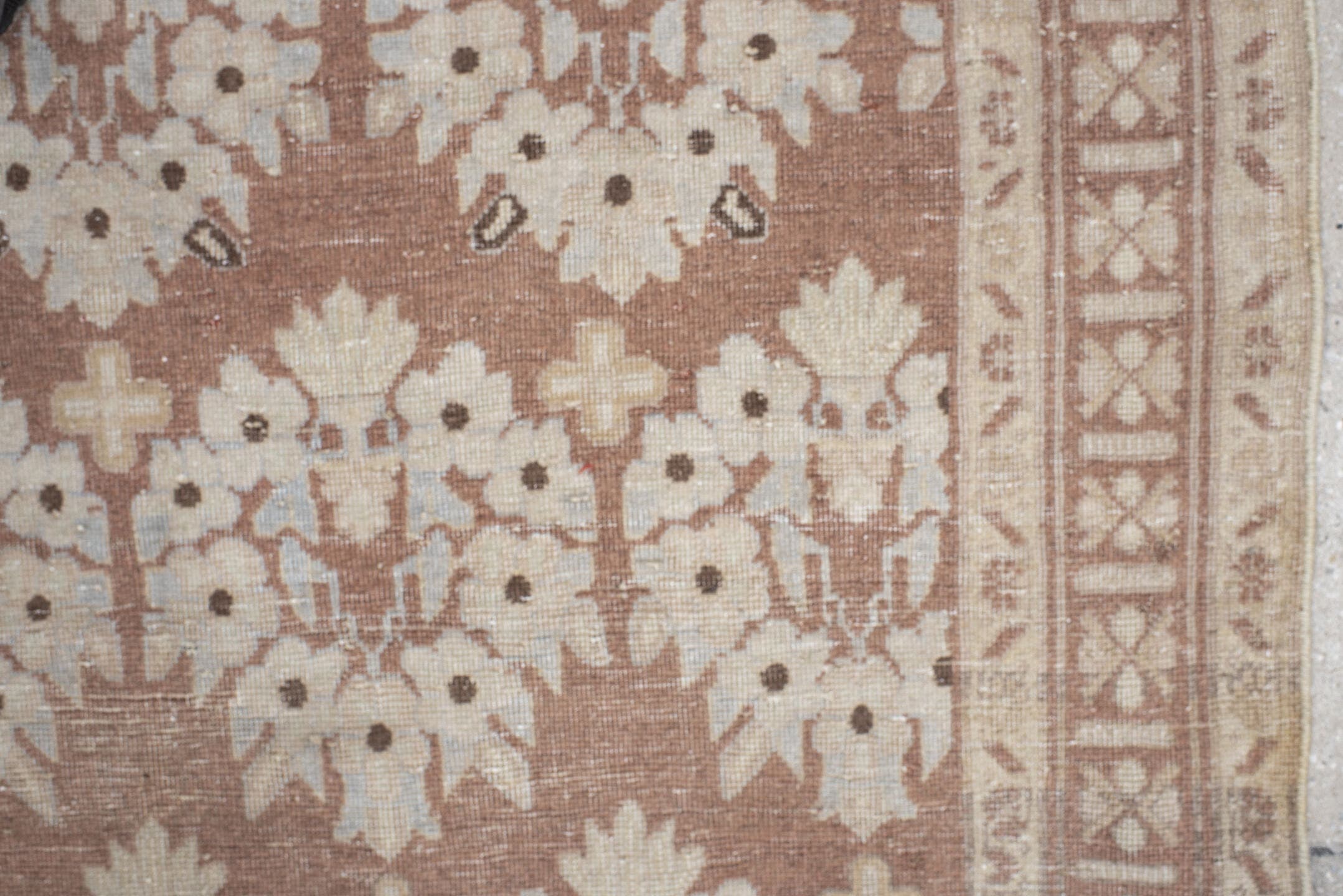 3' x 5' one-of-a-kind handmade vintage Afshar small size rug. Color palette: blush, ivory, taupe, camel, brown, pink, beige