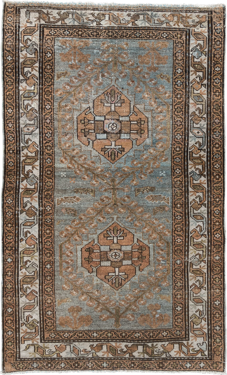 3' x 5' one-of-a-kind handmade vintage Malayer small size rug. Color palette: light blue, brown, ivory, camel, taupe