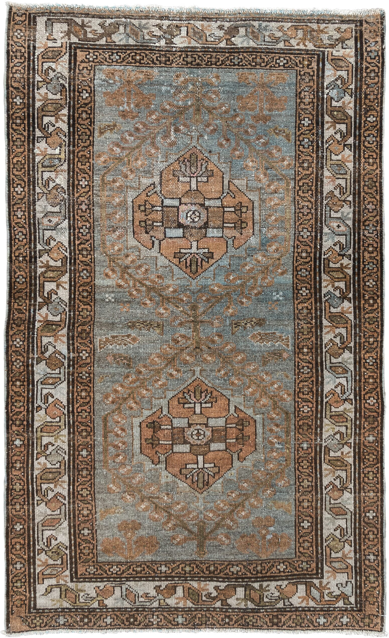 3' x 5' one-of-a-kind handmade vintage Malayer small size rug. Color palette: light blue, brown, ivory, camel, taupe