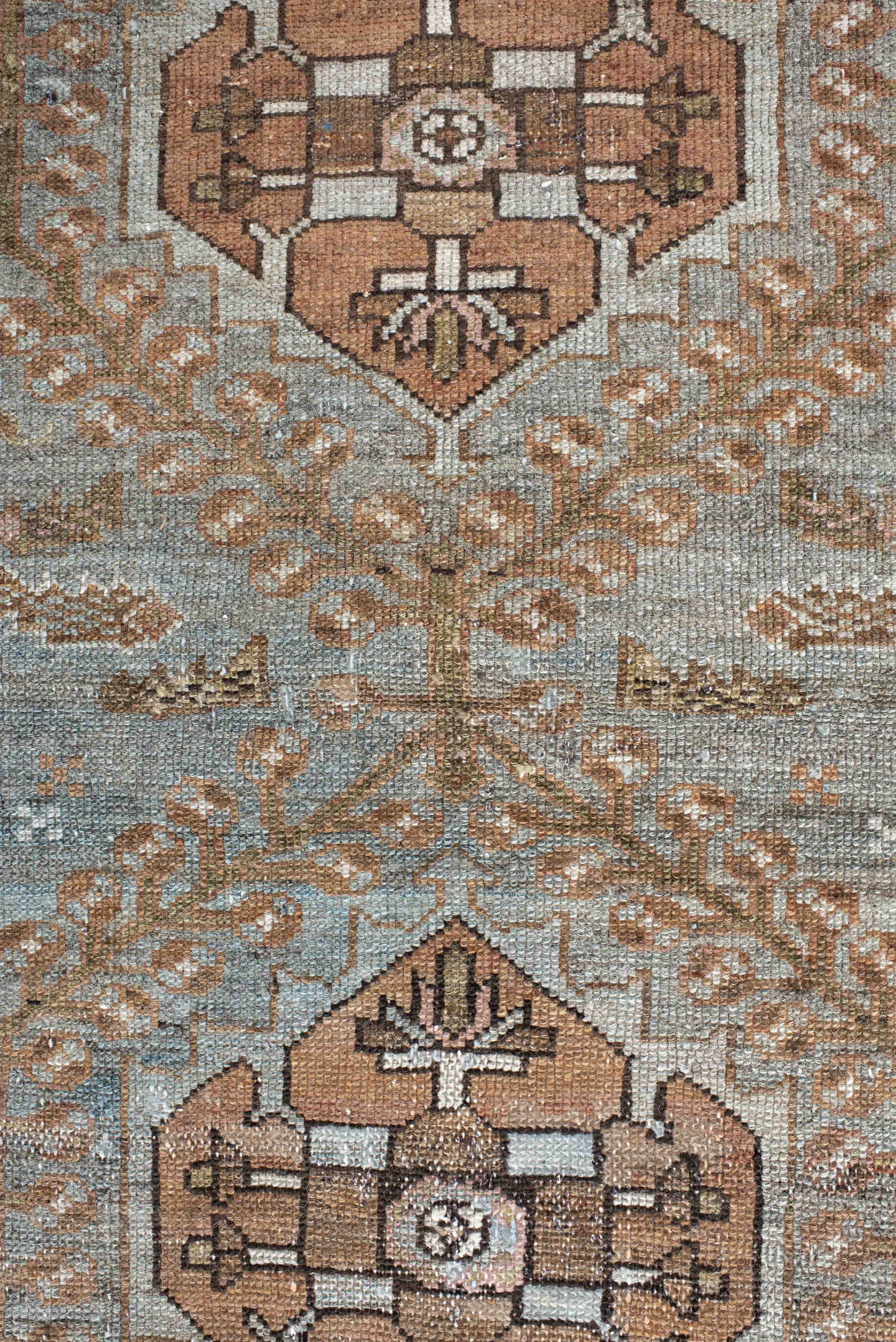 3' x 5' one-of-a-kind handmade vintage Malayer small size rug. Color palette: light blue, brown, ivory, camel, taupe