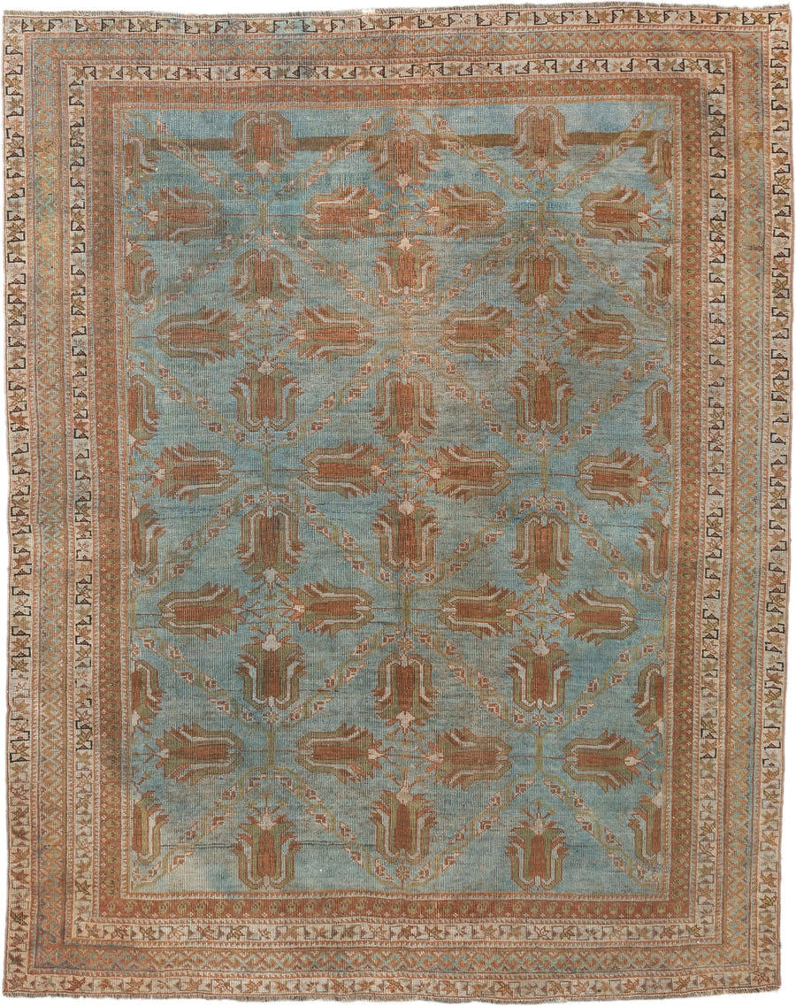 4' x 5' one-of-a-kind handmade vintage Afshar small size rug. Color palette: light blue, terra cotta, ivory, camel, taupe