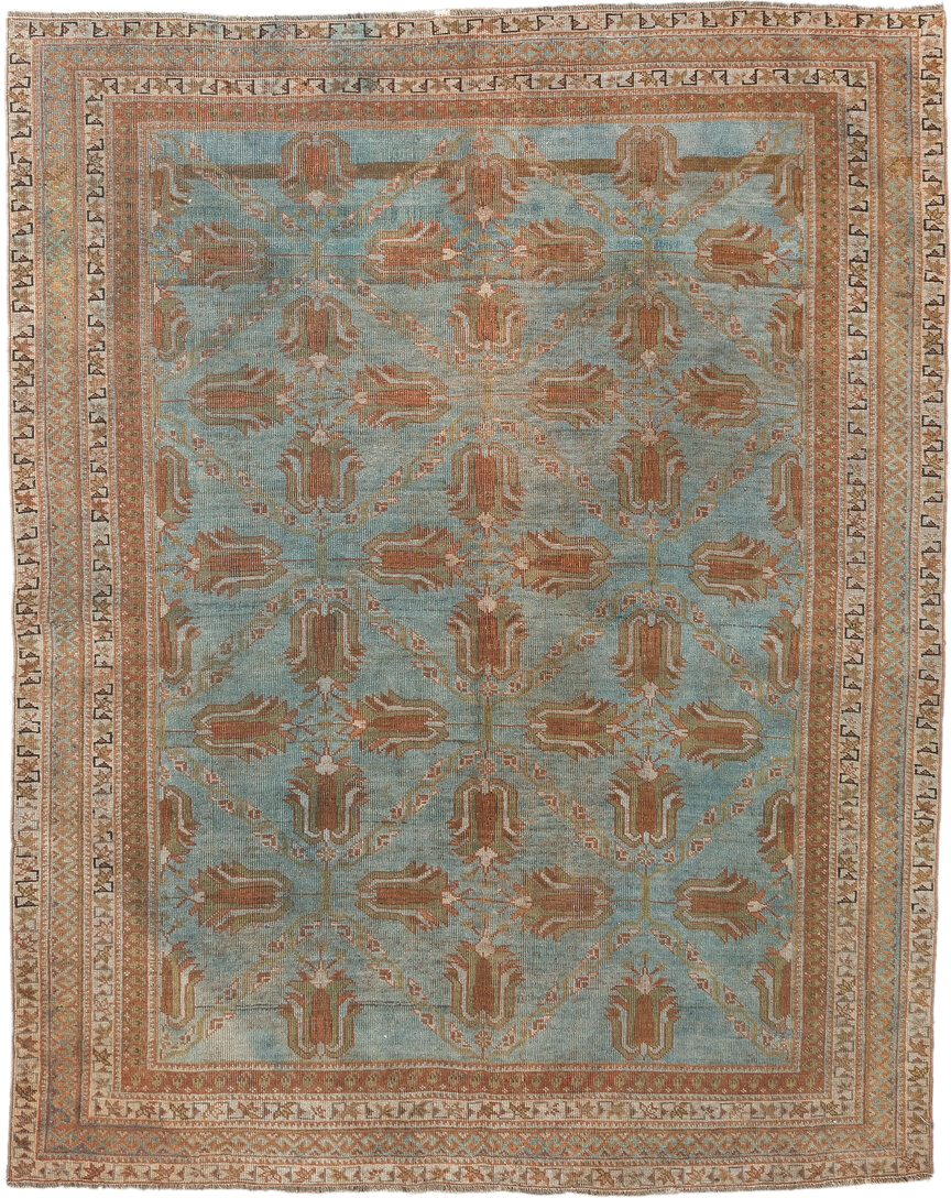 4' x 5' one-of-a-kind handmade vintage Afshar small size rug. Color palette: light blue, terra cotta, ivory, camel, taupe