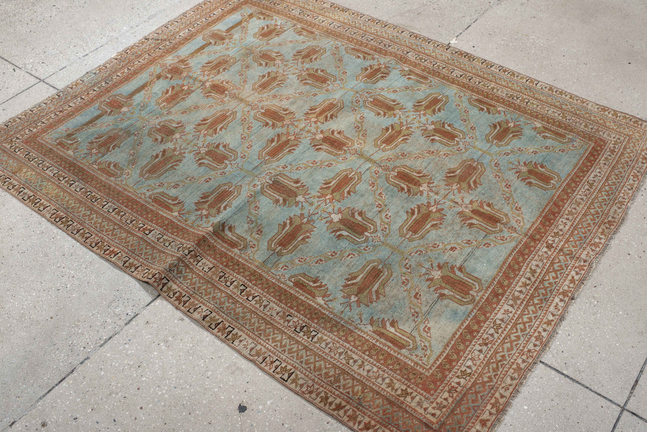 4' x 5' one-of-a-kind handmade vintage Afshar small size rug. Color palette: light blue, terra cotta, ivory, camel, taupe