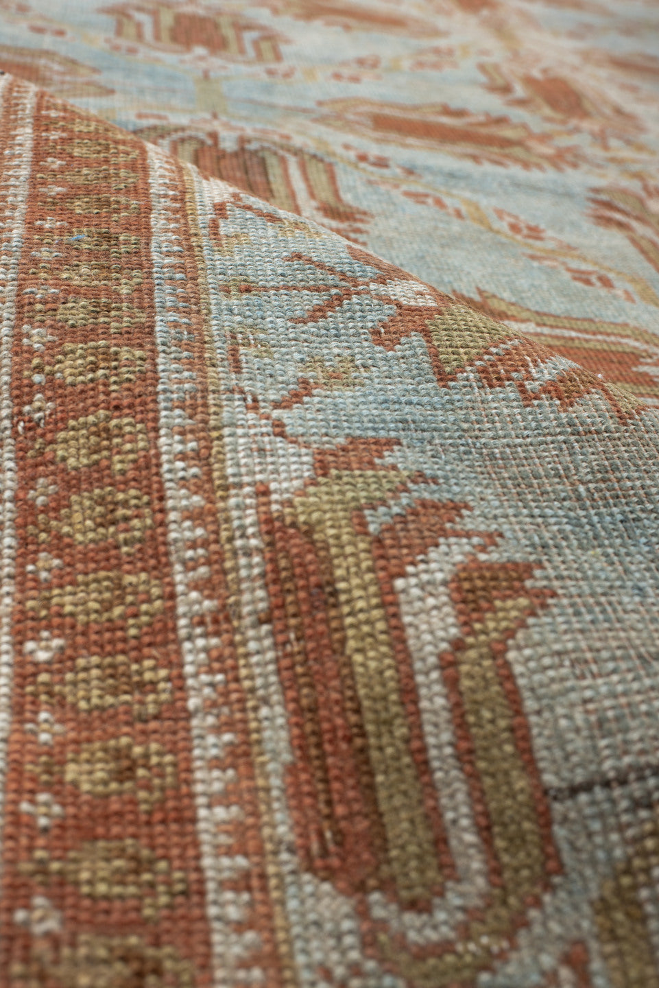 4' x 5' one-of-a-kind handmade vintage Afshar small size rug. Color palette: light blue, terra cotta, ivory, camel, taupe