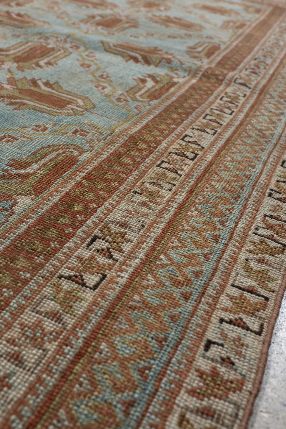 4' x 5' one-of-a-kind handmade vintage Afshar small size rug. Color palette: light blue, terra cotta, ivory, camel, taupe